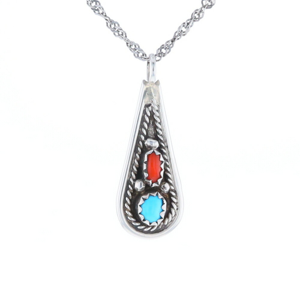 Native Turquoise & Coral Teardrop Pendant