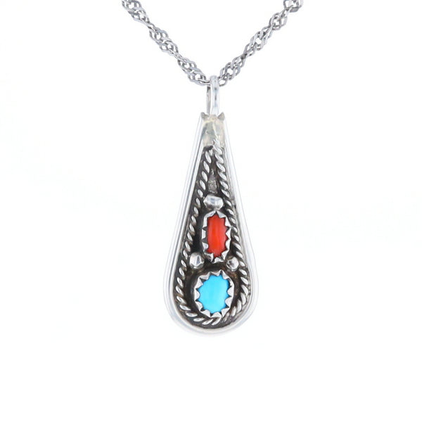 Native Turquoise & Coral Teardrop Pendant