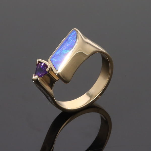Opal Rings Geometric Inlaid with Amethyst and .08ctw Diamonds