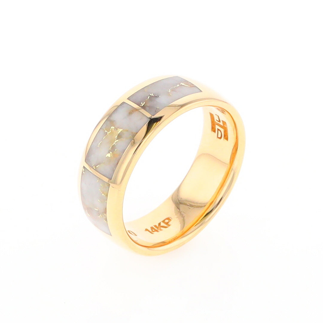 Gold Quartz Ring 3 Section Rectangle Inlaid Design Band