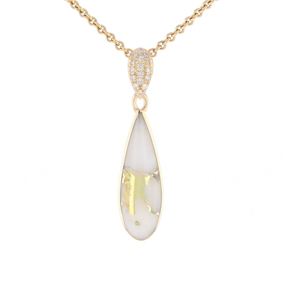 Gold Quartz Necklace, Tear Drop Inlaid Design with 0.11ctw Diamond Pave Pendant G2