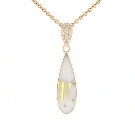 Gold Quartz Necklace, Tear Drop Inlaid Design with 0.11ctw Diamond Pave Pendant G2