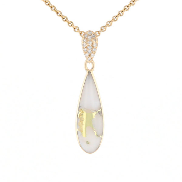 Gold Quartz Necklace, Tear Drop Inlaid Design with 0.11ctw Diamond Pave Pendant G2