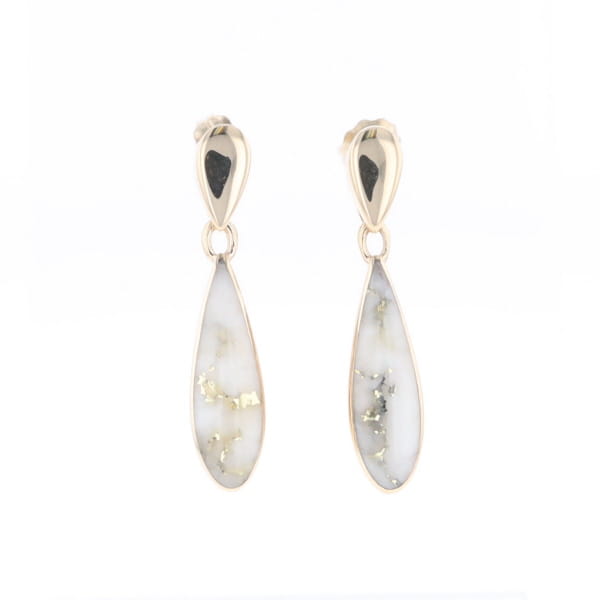 Gold Quartz Earrings Tear Drop Inlaid Design