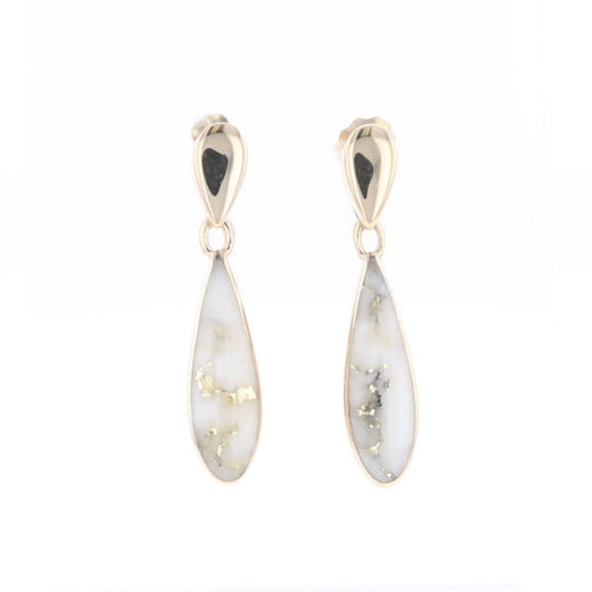 Gold Quartz Earrings Tear Drop Inlaid Design