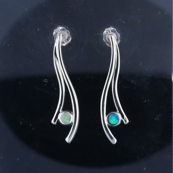 Opal Earrings Round Inlaid Double Curved Bar Design Studs