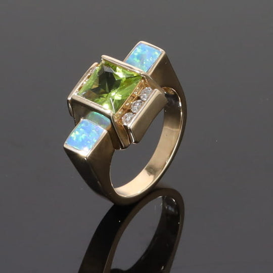 Opal Rings 2 Square Inlaid Peridot with 0.24ctw Diamonds