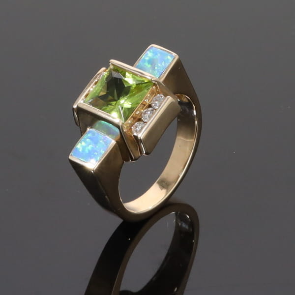 Opal Rings 2 Square Inlaid Peridot with 0.24ctw Diamonds