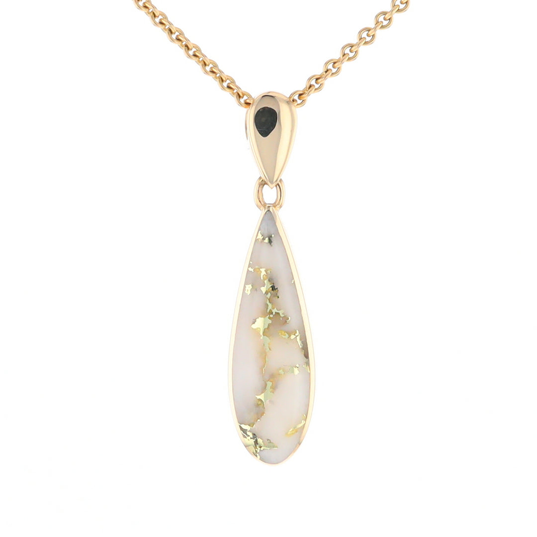 Gold Quartz Pendant Tear Drop Inlaid Design G2