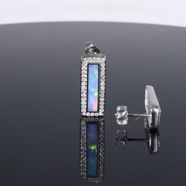 Opal Earrings Rectangle Inlaid with .50ctw Round Diamond Halo Studs