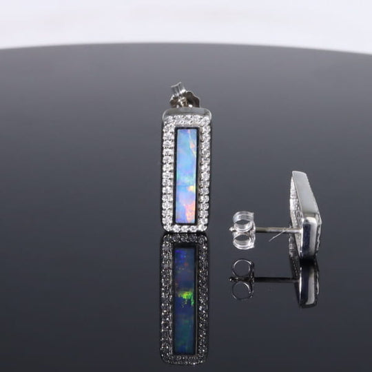 Opal Earrings Rectangle Inlaid with .50ctw Round Diamond Halo Studs