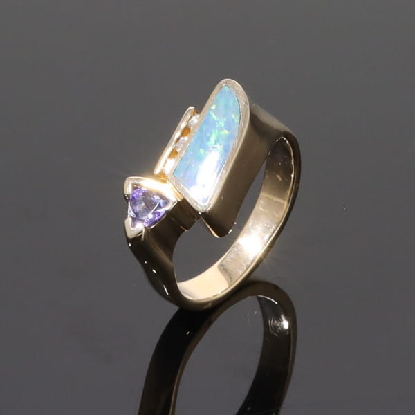 Opal Rings Geometric Inlaid with Tanzanite and .08ctw Round Diamonds