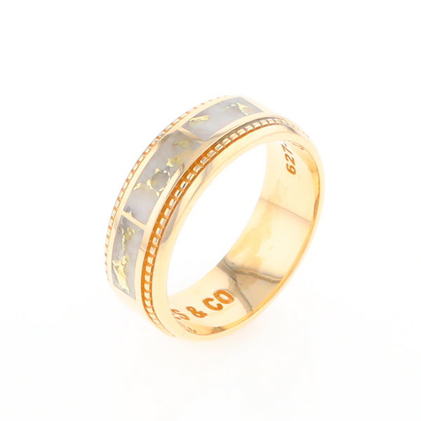 Gold Quartz Ring 3 Section Rectangle Inlaid Milgrain Border Band