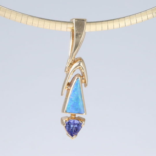 Opal Pendant Triangle Inlaid Design with Trillion Cut Tanzanite