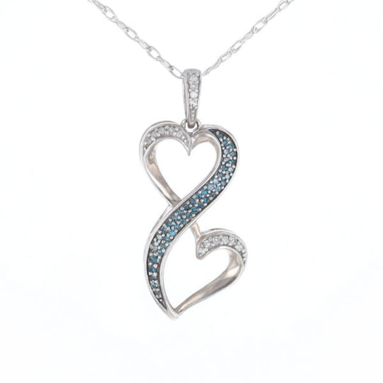 Blue and White Diamond Double Open Heart Pendant with 16" Singapore Chain