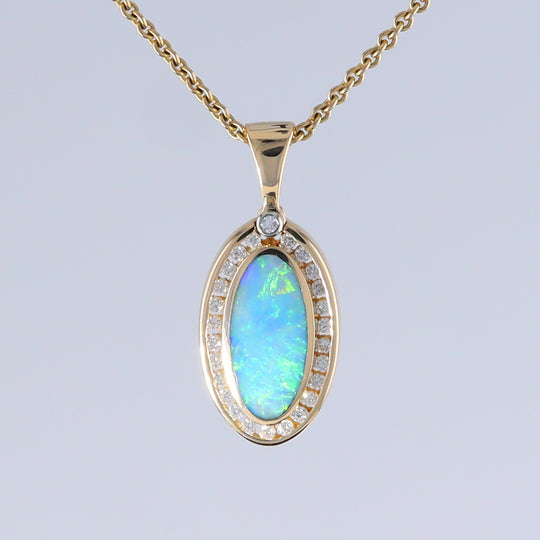 Opal Pendant Oval Inlaid Design with .37ctw Round Diamonds Halo