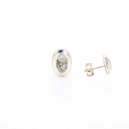 Sterling Silver Gold Quartz Inlaid Oval Stud Earrings - G3