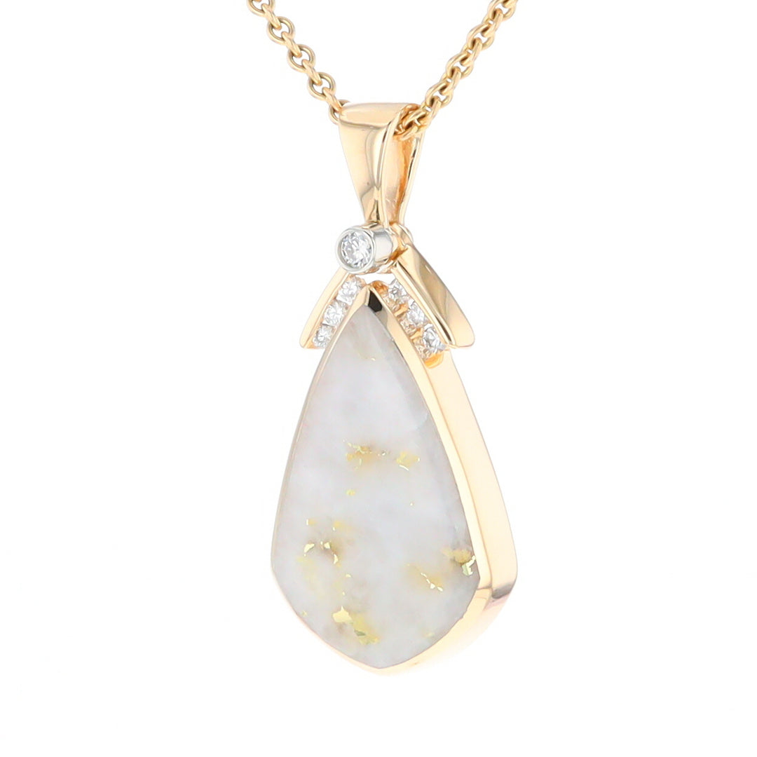 Gold Quartz Necklace Pear Shape Inlaid Pendant with .15ctw Diamonds