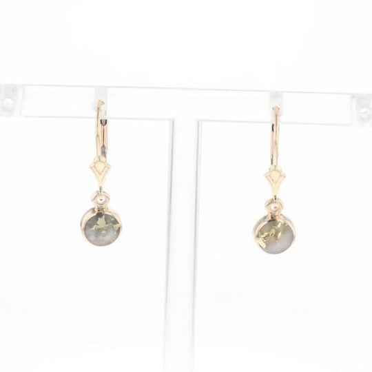 Gold Quartz Earrings Round Inlaid Design Lever Backs