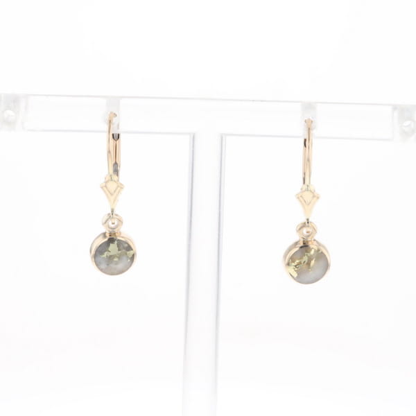 Gold Quartz Earrings Round Inlaid Design Lever Backs