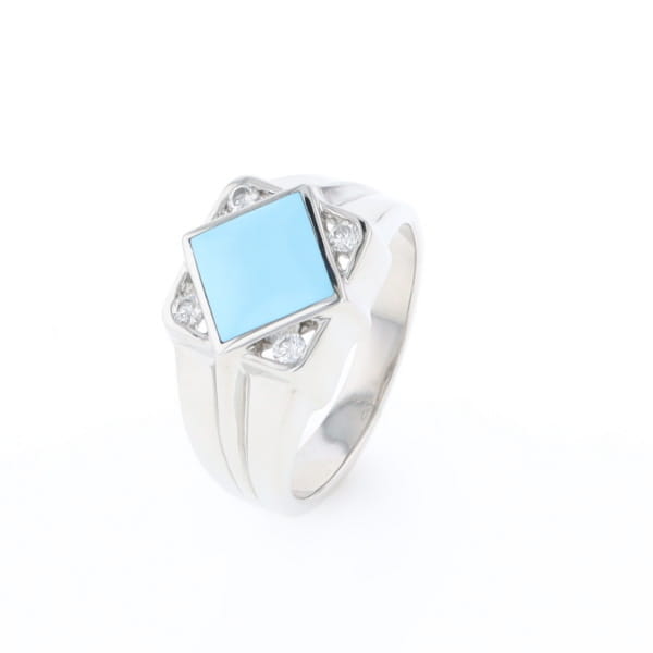 Natural Sleeping Beauty Turquoise ring diamond shape inlaid design with .16ctw round diamonds