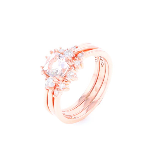 Cushion Cut Morganite and Diamond Three Stone Engagement Ring with 2 Matching Diamond Shadow Bands