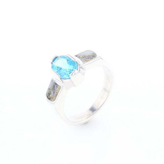 Sterling Silver Gold Quartz Inlaid Oval Blue Topaz Ring - G3