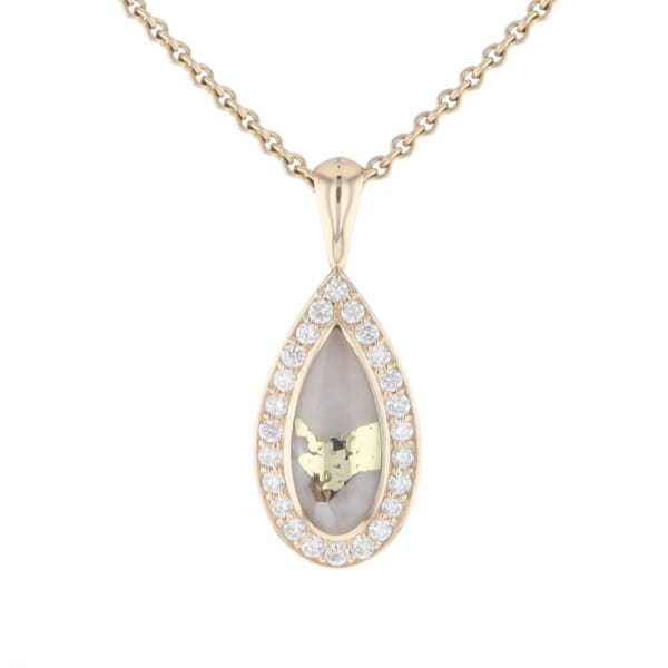 Gold Quartz Pendant Tear Drop Inlaid .42ctw Diamond Halo Design