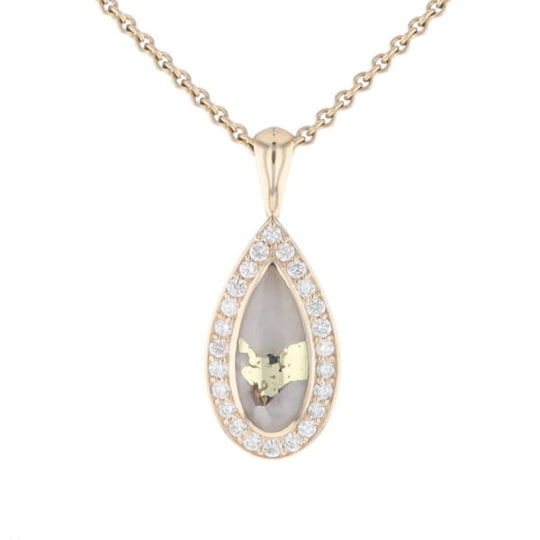 Gold Quartz Pendant Tear Drop Inlaid .42ctw Diamond Halo Design