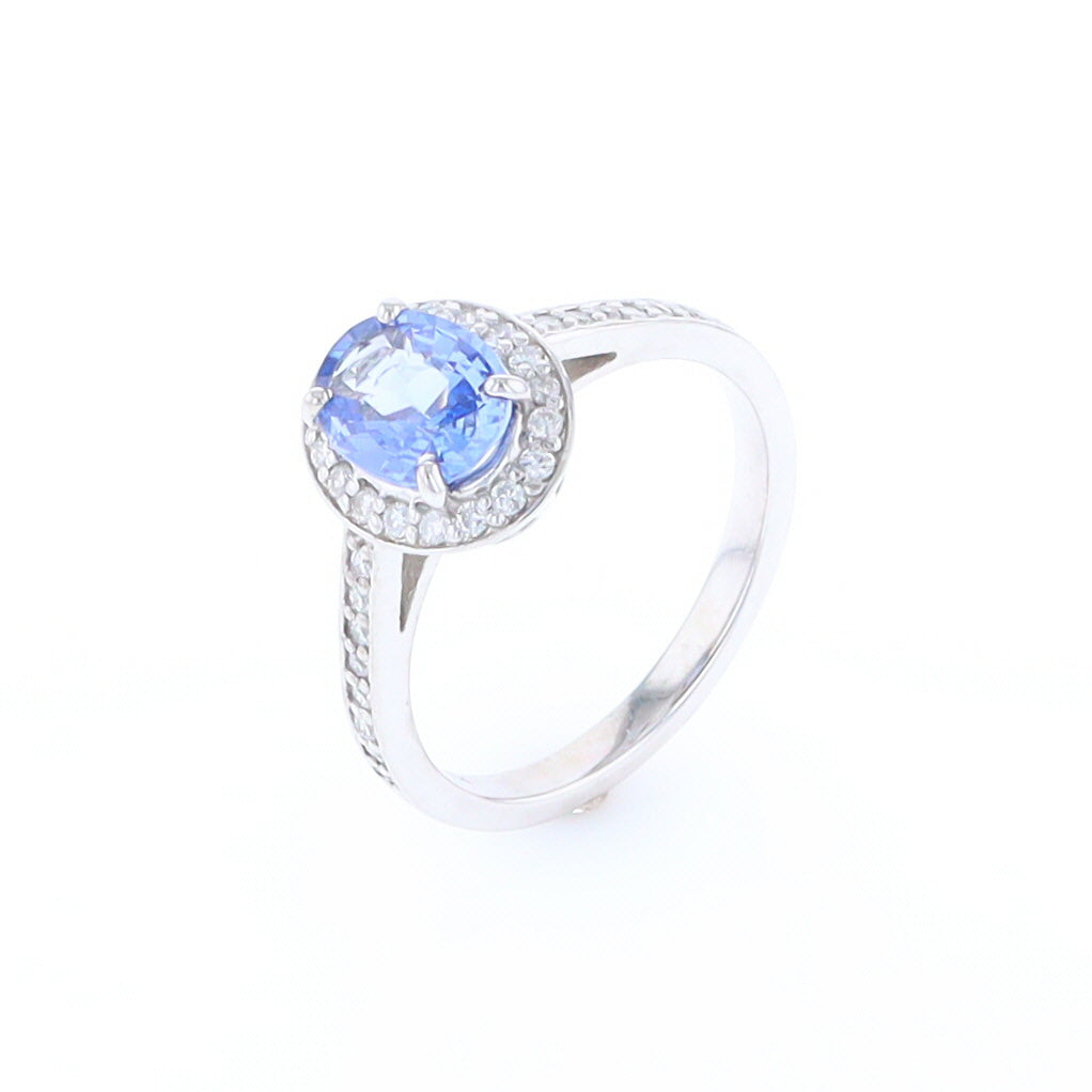 Oval Ceylon Sapphire with Diamond Halo Ring