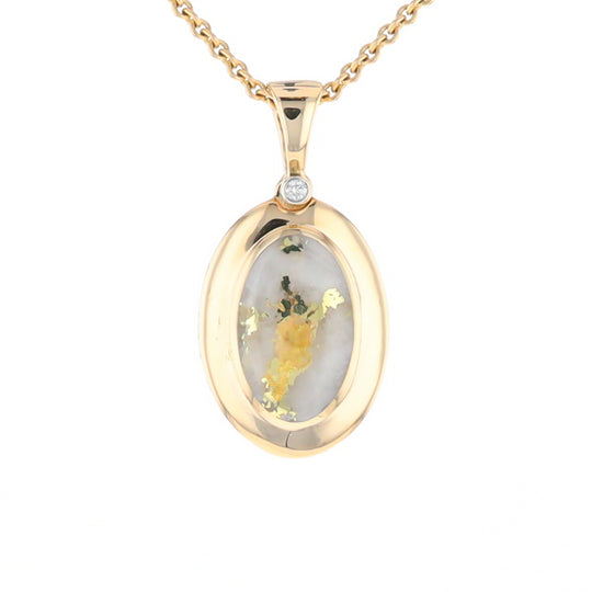 Gold Quartz Necklace Oval Inlaid Pendant with a .02ct Diamond