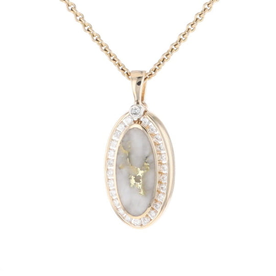 Gold Quartz Necklace .37ctw Halo Diamond Oval Inlaid Pendant