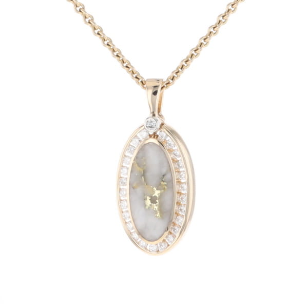 Gold Quartz Necklace .37ctw Halo Diamond Oval Inlaid Pendant