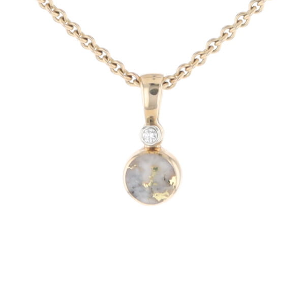 Gold Quartz Necklace Round Inlaid Pendant with .02ct Round Diamond