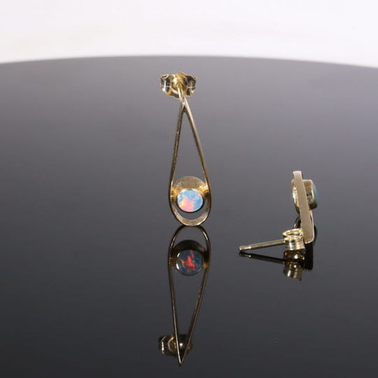 Opal Earrings Round Inlaid Open Tear Drop Design Studs