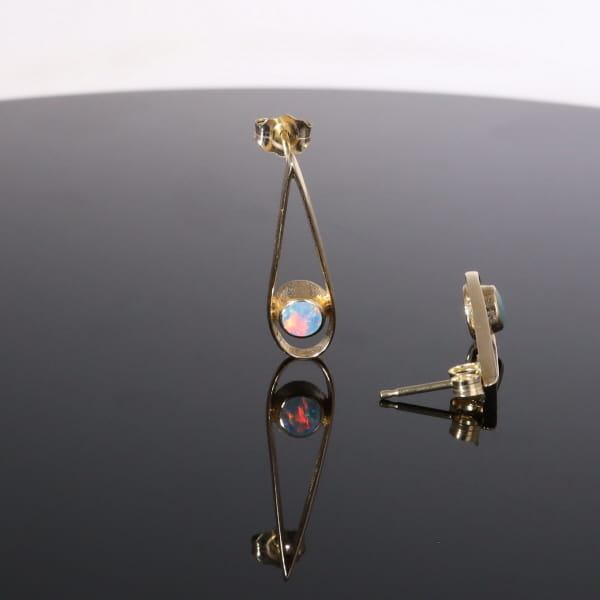 Opal Earrings Round Inlaid Open Tear Drop Design Studs