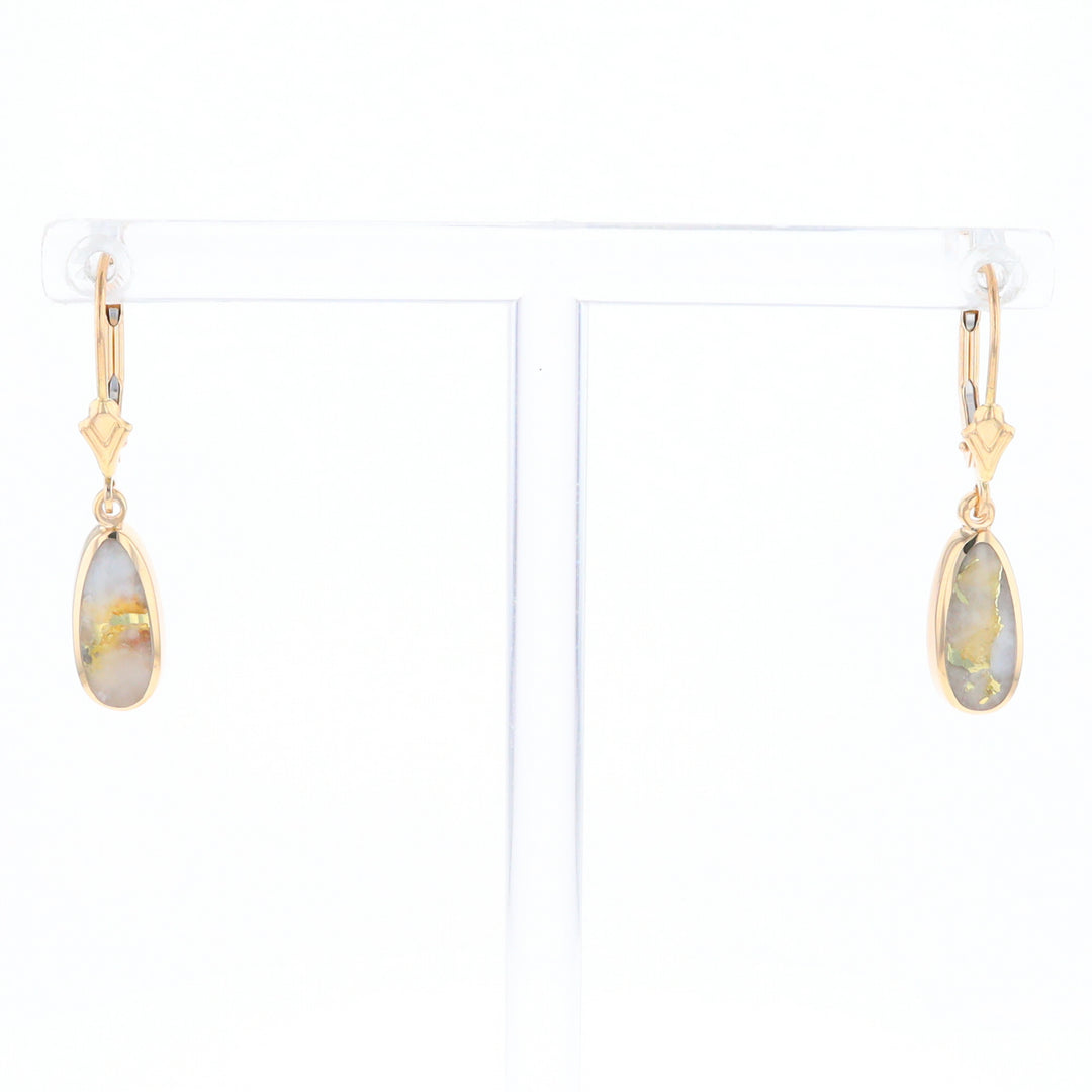 Gold Quartz Earrings Tear Drop Inlaid Lever Backs