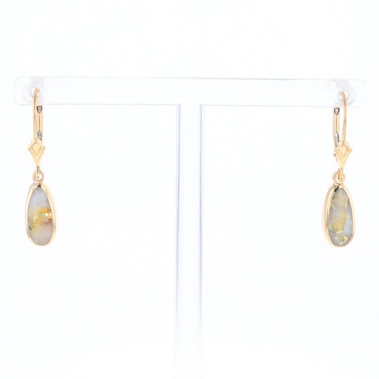 Gold Quartz Earrings Tear Drop Inlaid Lever Backs