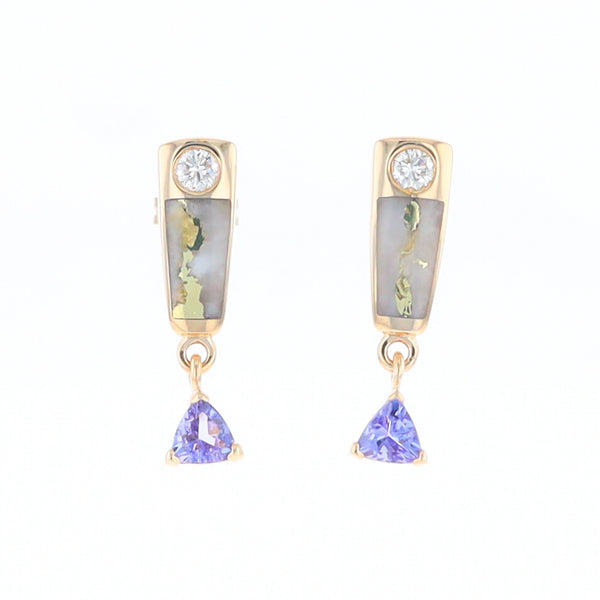 Gold Quartz Earrings Rectangle Inlaid Design with 0.11ct Diamonds & Trillion Cut Tanzanite