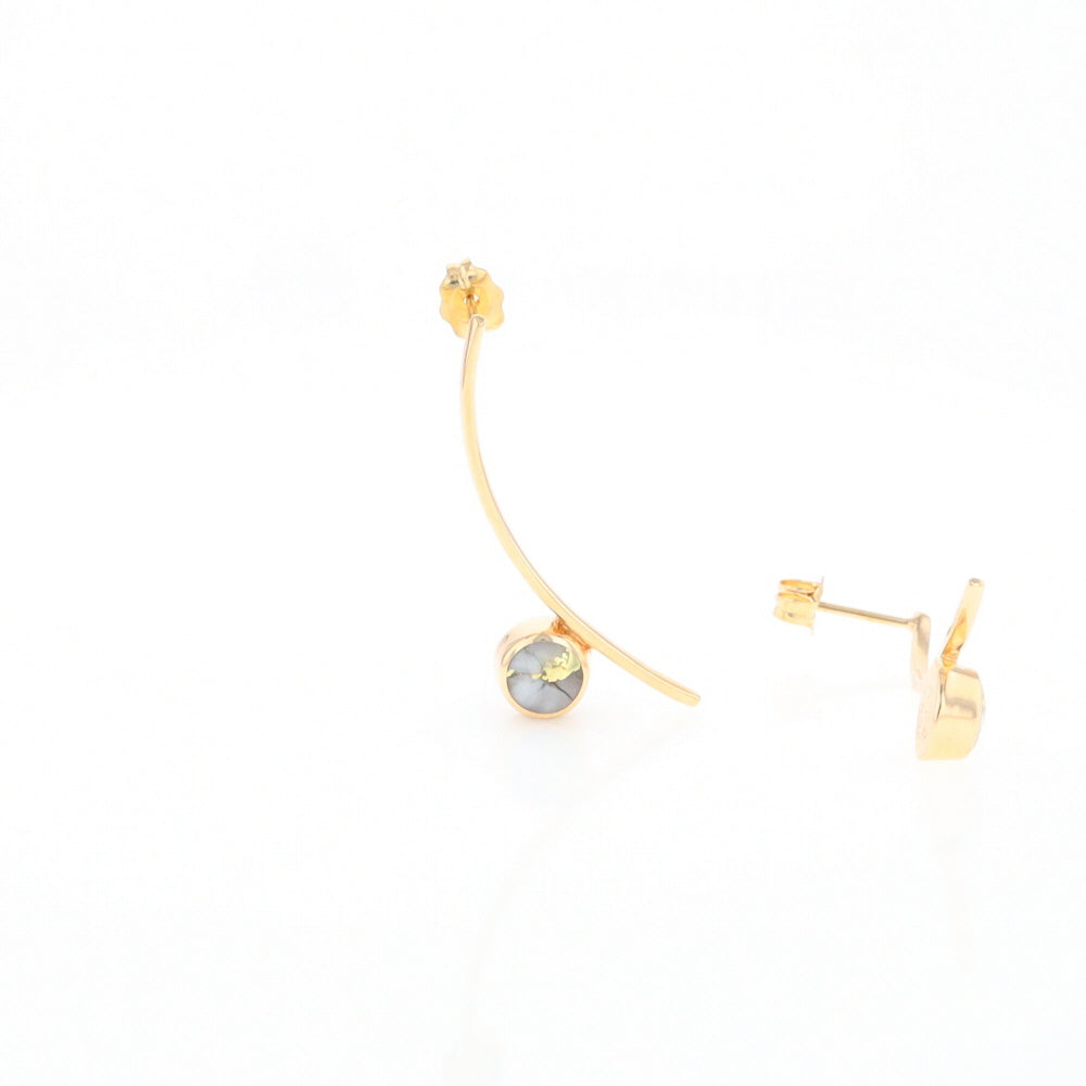 Gold Quartz Earrings Round Inlaid Curved Bar Design