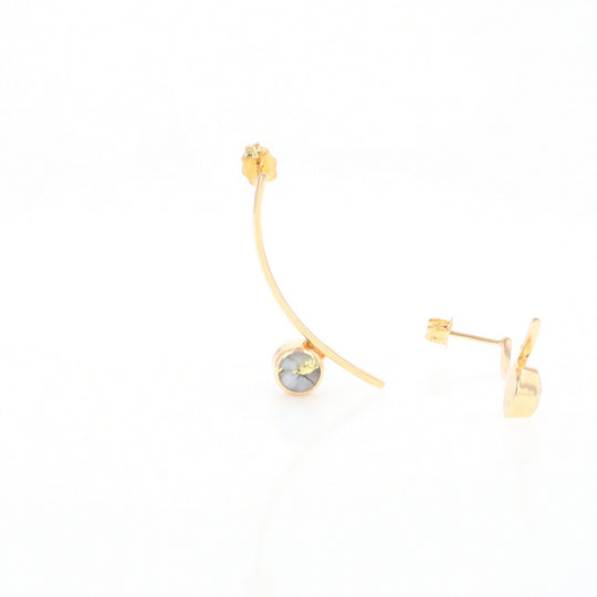 Gold Quartz Earrings Round Inlaid Curved Bar Design