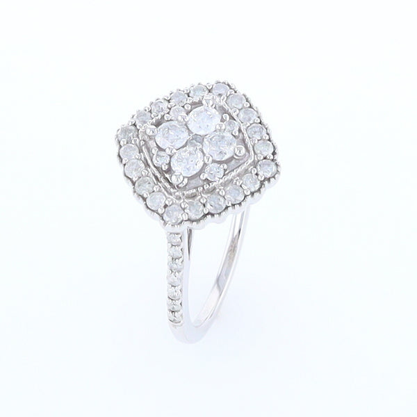 Square Diamond Cluster Milgrain Ring White Gold