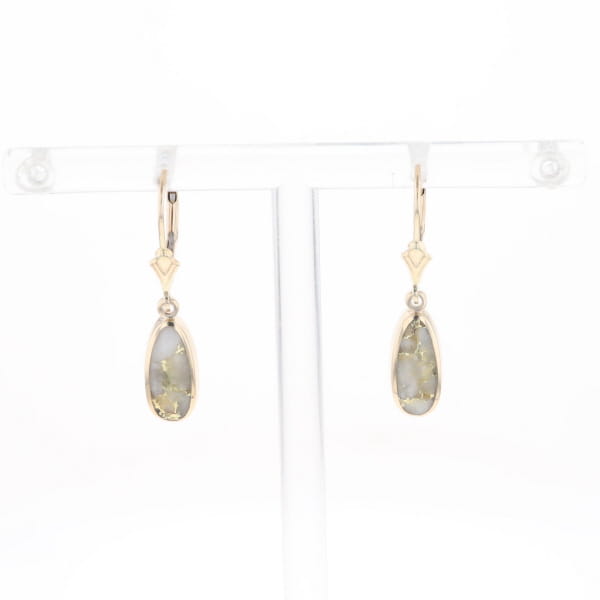 Gold Quartz Earrings Tear Drop Inlaid Lever Backs