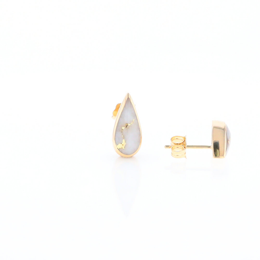 Gold Quartz Earrings Tear Drop Inlaid Studs