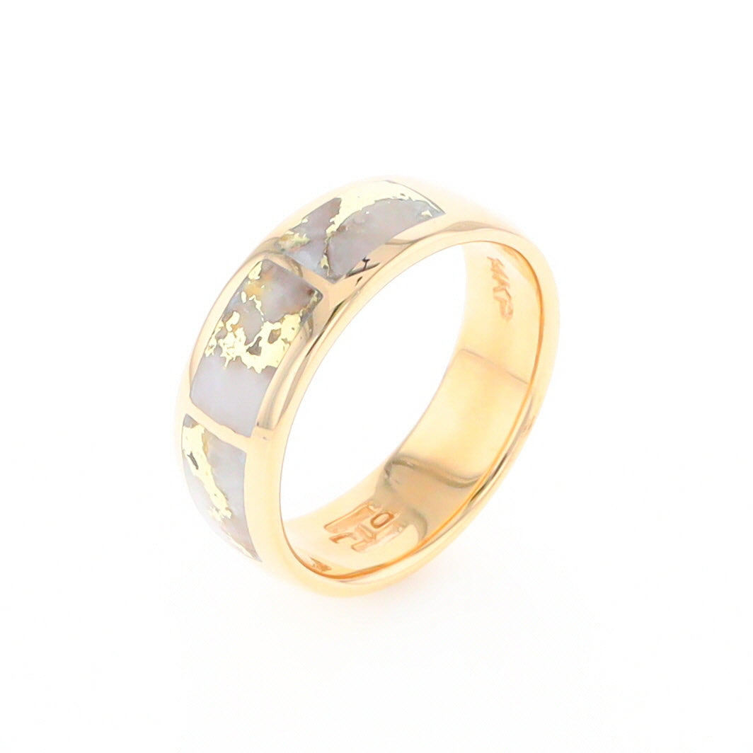 Gold Quartz Ring 3 Section Rectangle Inlaid Band