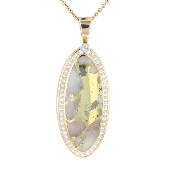 Gold Quartz Necklace 0.96ctw Halo Diamond Oval Inlaid Pendant