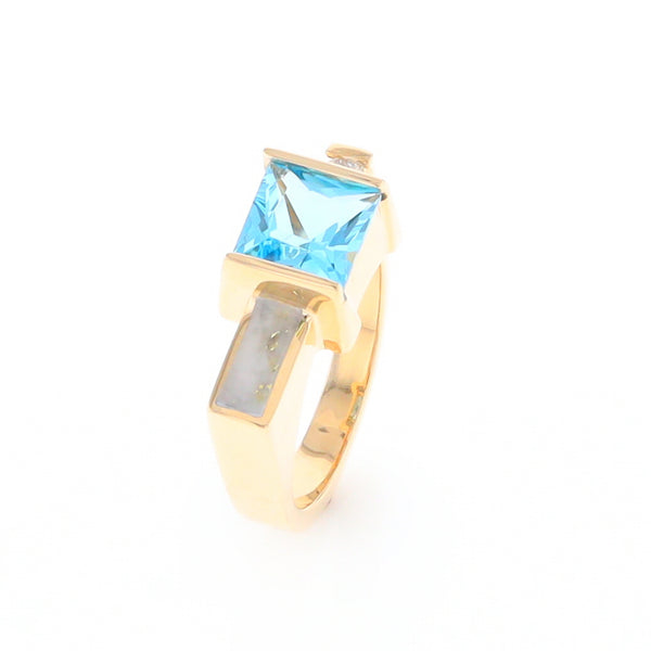 Gold Quartz Ring Rectangle Inlay Swiss Blue Topaz .06ct Round Diamond