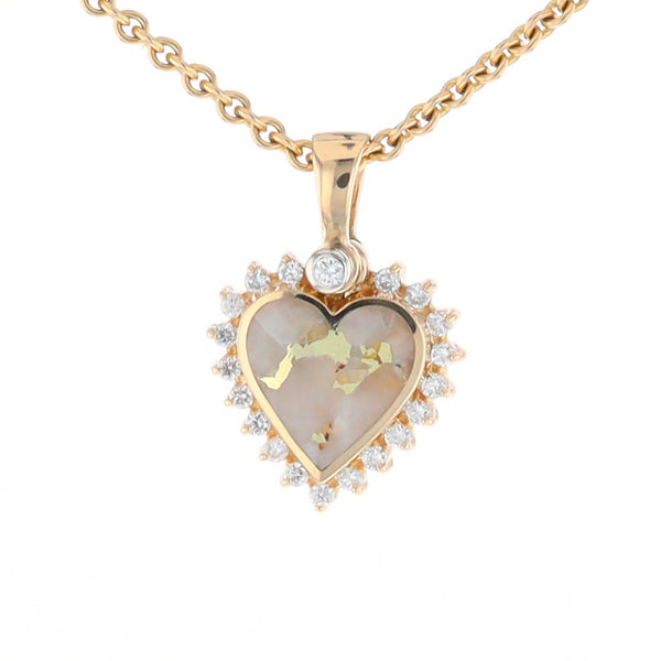 G2 Gold Quartz Pendant Heart Inlaid .21ctw Diamond Halo Design Pendant