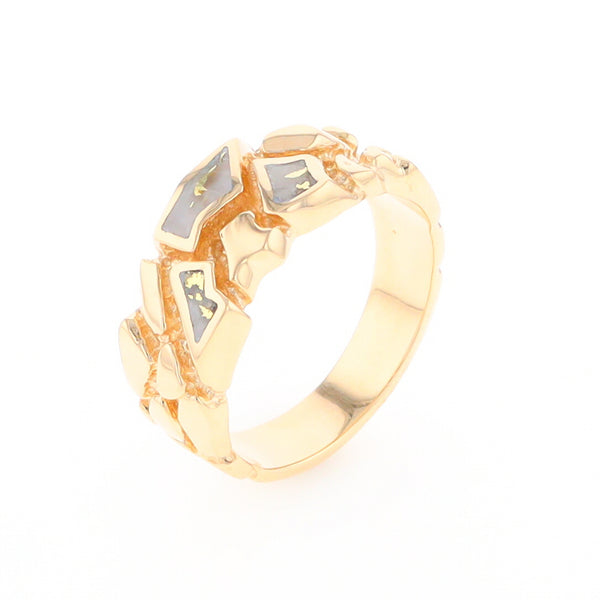 Gold Quartz Ring 3 Section Inlaid Nugget Design Band