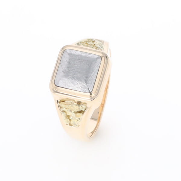 Meteorite Ring Square Inlaid Center Design with Natural Nugget Sides